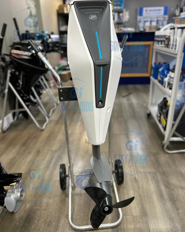 "Mercury Marine AVATOR 7.5e Electric Motor mounted on a small boat, ready for eco-friendly exploration.
